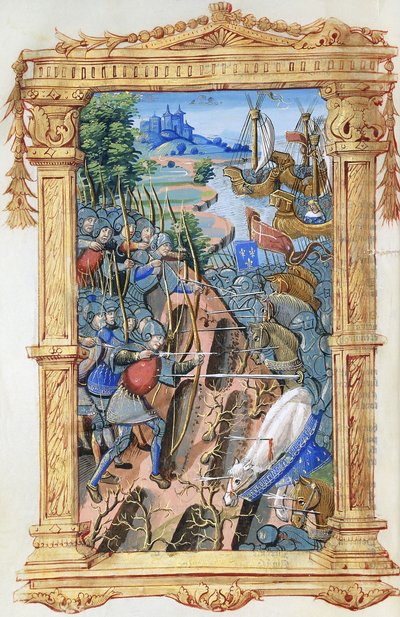 Escena de batalla entre arqueros y caballería, con castillo y barcos, c.1495-1500 de French School
