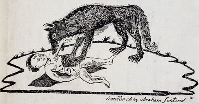 Bestia desgarrando a un niño (bestia del Gévaudan) - grabado en madera publicado en Mende (Archivos del Puy-de-Dôme) de French School
