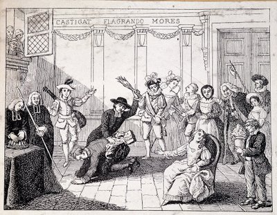 Beaumarchais azotando en Saint Lazare - escena de fustigación de Beaumarchais, sosteniendo en la mano el folleto de la Folle journee - de ap. pintura de la Comedie Francaise, grabado de French School