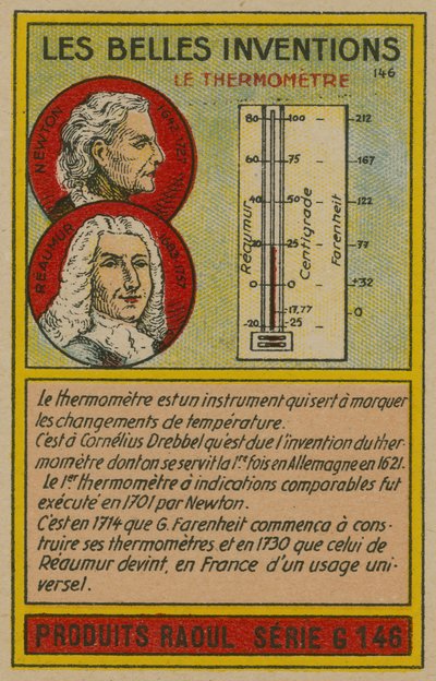 Tarjeta de inventos hermosos, termómetro de French School