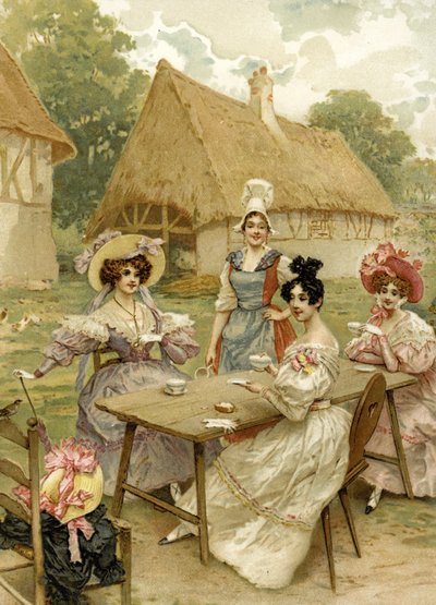 Hermosas mujeres ricas tomando té en una granja de French School