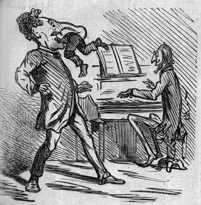 Antes de cantar la música del Sr. Offenbach, el tenor Hyacinthe recibe golpes para dar alivio a sus notas altas. El compositor francés naturalizado alemán Jacques Offenbach (1819-1880) tocando el piano y Louis Hyacinthe Duflost, conocido como Hyacinthe de French School