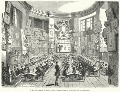 Clase de principiantes en una escuela gratuita de dibujo, Francia (grabado) de French School