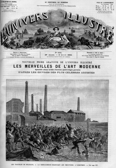 Huelga de trabajadores belgas: la policía cargando a los jinetes en Carnieres. Un periódico. Grabado en "Le Monde Illustré" de French School