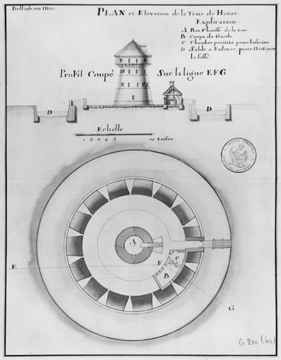 Belle Isle en Mer, plano y elevación de la torre de Houat, 1745 de French School