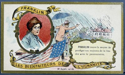 Benjamin Franklin, político y físico estadounidense (1706-1790) y el pararrayos - cromolitografía, principios del siglo XX de French School