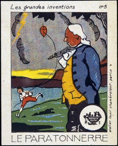 Benjamin Franklin, político y físico estadounidense (1706-1790) y el pararrayos (la experiencia de la cometa) - Etiqueta, Deb. siglo XX de French School