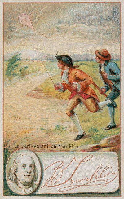 Benjamin Franklin volando una cometa que es alcanzada por un rayo de French School