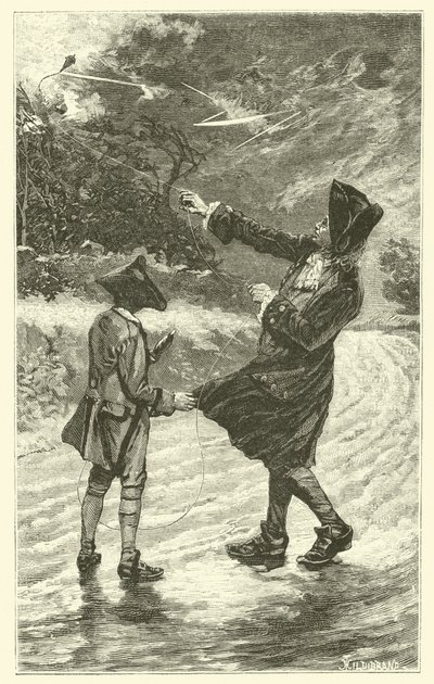 Benjamin Franklin volando su cometa de French School