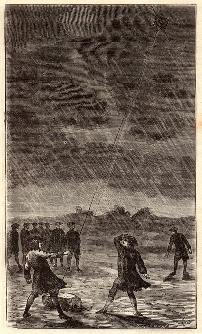 Experimento del rayo de Benjamin Franklin - Experimento de Benjamin Franklin (1706-1790) volando una cometa para demostrar la naturaleza eléctrica del rayo. Grabado coloreado del siglo XIX. Grabado en “Ciencias al alcance de todos - fis de French School