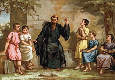 Benoit de Nursie, o San Benito, enseñando su regla a los hijos de nobles romanos. Cromolitografía de finales del siglo XIX de French School