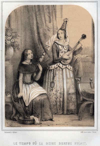 Berthe de Suabia (Borgoña) conocida como la Filandera o la reina hilandera (907-966) - grabado en "THE SOURIES DE MON UNCLE MEMORIES ET RECITTS DE Viajes" por MORING MICHEL - Finales del siglo XIX de French School