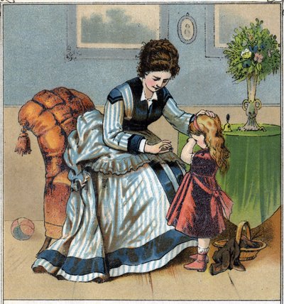 Berthe está llorando porque se pinchó el dedo mientras cosía. Su madre la regaña por olvidar usar el dedal. Cromolitografía tomada de “Escenas infantiles”. Publicado por Guerin - Muller alrededor de 1885. de French School