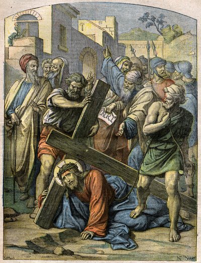 Escena bíblica - Vía Crucis: Jesús cae por segunda vez. Grabado en "Le Pelerin" del 29 de noviembre de French School