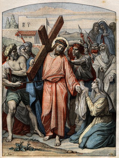 Escena bíblica - Vía Crucis: Jesús tiene su rostro limpiado por Santa Verónica. Grabado en 