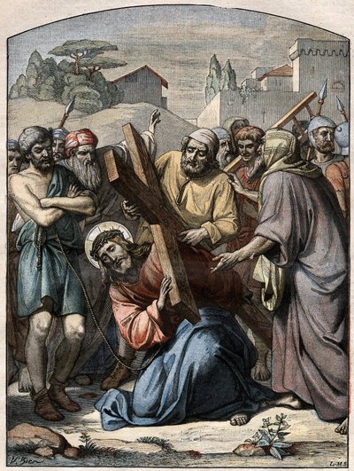 Escena bíblica - Vía Crucis: Jesús ayudado por Simón de Cirene. Grabado en "Le Pelerin" del 13 de septiembre de 1896 de French School