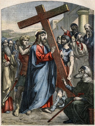 Escena bíblica - Vía Crucis: Jesús carga con la cruz. Grabado en “Le Pèlerin” del 3 de mayo de French School