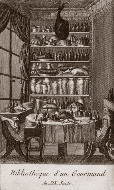 Biblioteca de un gourmet del siglo XIX - grabado en “Almanach des gourmands, sirviendo como guía en formas de hacer excelente comida. Por un viejo aficionado” por Alexandre Balthazar Laurent Grimod de la Reynière - 1804-1812 de French School