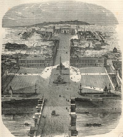 Vista aérea de la Place de la Concorde, rue Royale con la iglesia de la Madeleine - Grabado en “Tableau-de-Paris” por Edmond Texier 1852 de French School