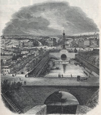 Vista de pájaro del Canal Saint-Martin (San Martín), la Plaza y el distrito de la Bastilla, tomada desde la orilla derecha del Sena - Grabado en "Tableau-de-Paris" por Edmond Texier 1852 de French School