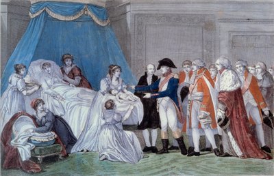Nacimiento del Rey de Roma Napoleón II (François Charles Joseph Napoleón Bonaparte) (1811-1832): ceremonia del acta de nacimiento del hijo del Emperador Napoleón I (1769-1821) en el Palacio de las Tullerías el 20/03/1811. Grabado del siglo XIX. Isla de A de French School