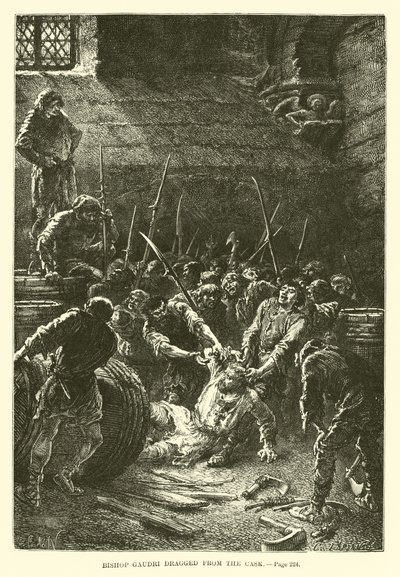 El obispo Gaudri arrastrado desde el barril de French School
