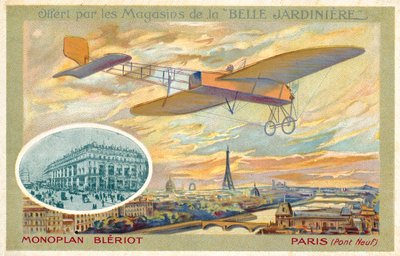 Monoplano de Blériot y una vista de París mostrando el Pont Neuf de French School