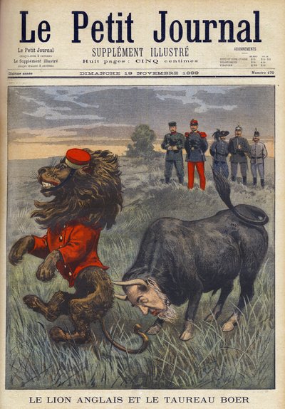 Guerra de los Bóers - El León Inglés y el Toro Bóer - El toro Afrikáner, con la cabeza de Paul Krueger, ataca al león británico. Caricatura inglesa de un número de noviembre de 1899 de 
