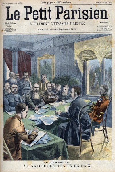 Guerra de los Bóers. La firma del tratado de paz del Transvaal entre los jefes bóers y el general británico Horatio Herbert Kitchener (1850-1916) en Pretoria, Sudáfrica. Grabado en "Le Petit Parisien" de French School