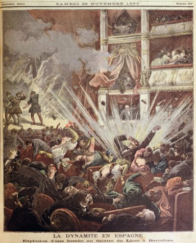 Explosión de bomba en el Teatro Liceo, Barcelona, ilustración de Le Petit Journal, 25 de noviembre de 1893 de French School