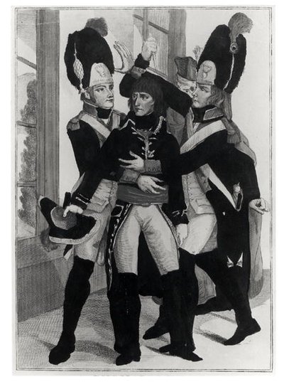 Bonaparte (1769-1821) protegido por dos granaderos durante la sesión en St.Cloud, 19 brumario año 8 (10 de noviembre de 1799) de French School