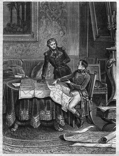 Bonaparte indicando al General Jean Joseph Dessolles un plan de campaña para el Ejército del Rin, marzo 1800 - Grabado de 1865 en “Historia del Consulado y del Imperio” por Louis Adolphe Thiers de French School