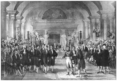Bonaparte, Primer Cónsul (1769-1821) Visitando a los Miembros de la Academia de Ciencias en el Louvre, principios del siglo XIX de French School