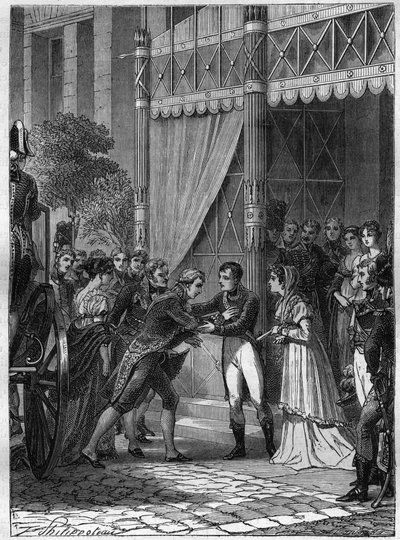 Bonaparte y Josefina de Beauharnais reciben al joven rey de Etruria, Luis I, acompañado por su esposa, María Luisa de Borbón, en su casa en Malmaison en julio de 180 de French School
