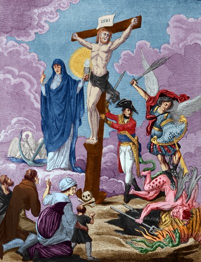 Bonaparte, restaurador de la religión y apoyando la Cruz, Alegoría sobre el Concordato, 1802 de French School