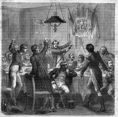 Banquete bonapartista bajo la Restauración entre la caída del Primer Imperio el 6 de abril de 1814 y la revolución de las Tres Gloriosas el 29 de julio de 1830. Grabado en “Historia de los Papas-Reyes-Reinas y Emperadores a través de los siglos” de Maurice de French School