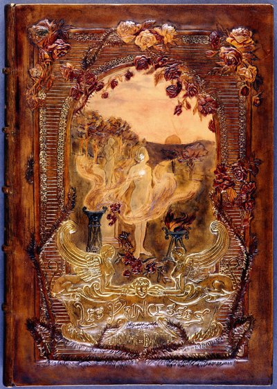Cubierta de libro, mostrando una mujer desnuda esparciendo rosas en un paisaje, 1904 de French School