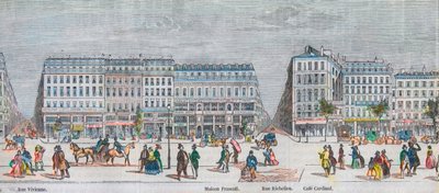 Boulevard Montmartre lado sur y boulevard des Italians lado sur - Rue Vivienne - Maison Frascati - Rue Richelieu - café Cardinal - Grabado en “Tableau-de-Paris” por Edmond Texier 1852 de French School