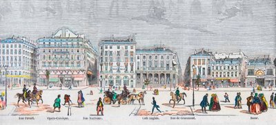Boulevard des Italiens lado sur - Rue Favart - Ópera cómica - Rue Marivaux - Café Anglais - Rue Grammont - Bazar - Grabado en “Tableau-de-Paris” por Edmond Texier 1852 de French School