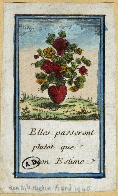 Ramo de flores en un corazón: "Pasarán antes que mi estima" - grabado de French School