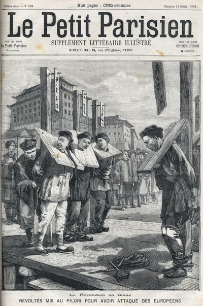 Revuelta de los bóxers en China en 1898: Revoltosos en el cepo por atacar a europeos. Portada de "Le petit parisien" de 1898. de French School