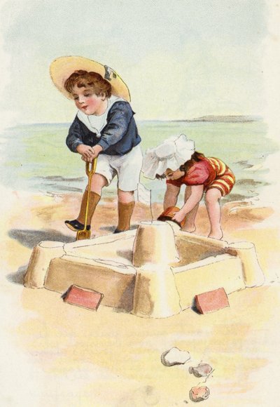 Niño y niña construyendo castillos de arena de French School