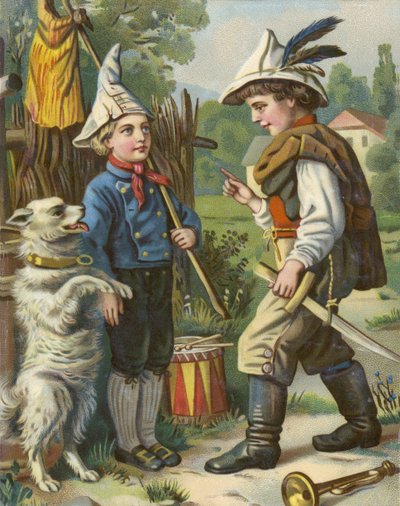 Niños jugando a los soldados con su perro en el campo de French School
