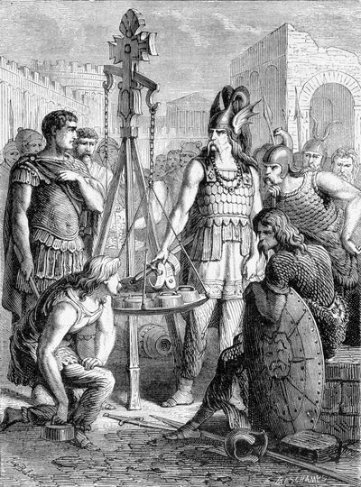 Brennus poniendo su espada en la balanza - en "París a través de los siglos" de French School