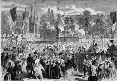 Baile Bretón en el Campo de Batalla en Quimper (Finisterre, 29) en presencia de Napoleón III (1808-1873) y la Emperatriz Eugenia (1826-1920). Grabado en “Le Monde Illustré” n°72 del 28 de agosto de French School