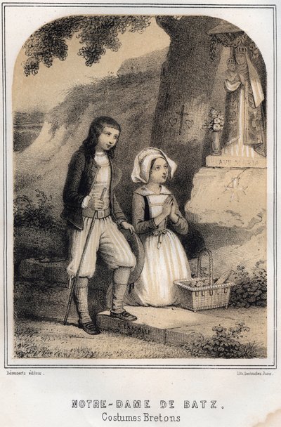 Trajes bretones - Notre-Dame de Batz - Grabado en “Las veladas de mi tío recuerdos y relatos de viajes” por MORING MICHEL - Finales del siglo XIX de French School