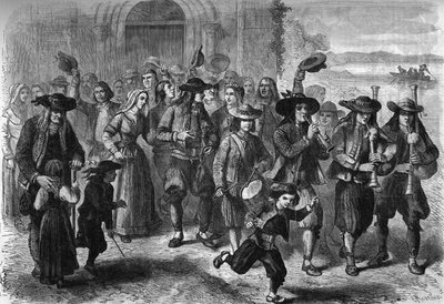 Costumbre bretona: pareja de recién casados a la salida de la iglesia. Al frente del cortejo están los músicos de biniou y tambor. Treguennec, Finisterre (29) de French School
