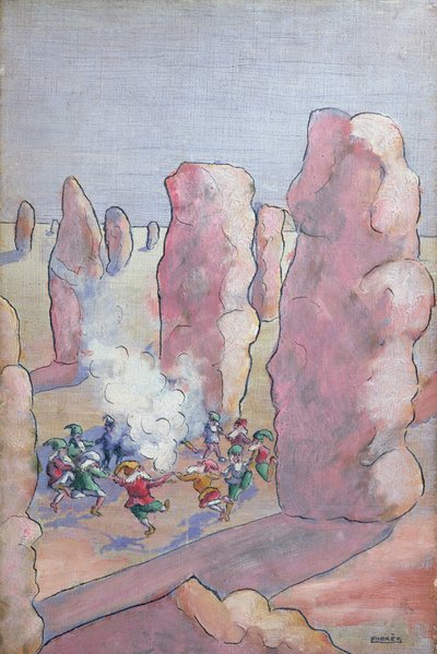 Gnomos bretones bailando alrededor de un círculo de piedras, finales del siglo XIX de French School