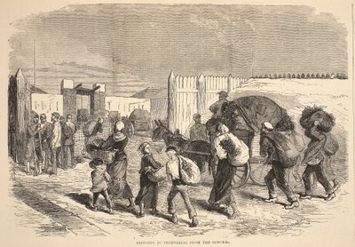 Trayendo verduras de los suburbios, ilustración de la Historia de la Guerra entre Francia y Alemania, 1870-1871 de French School