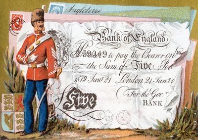 Soldado del ejército británico guardando un billete de cinco libras del Banco de Inglaterra, 1886-95 de French School
